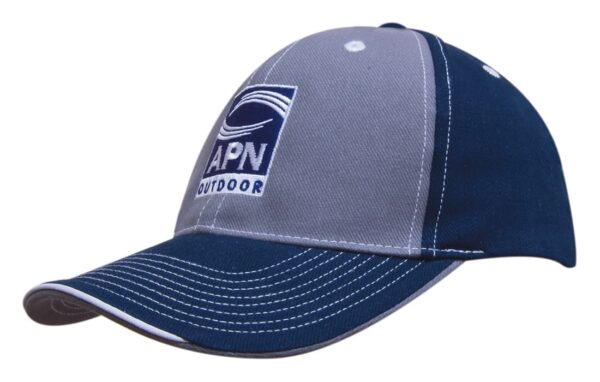 A two-tone cap in grey and navy blue with contrasting stitching and a logo on the front panel.
