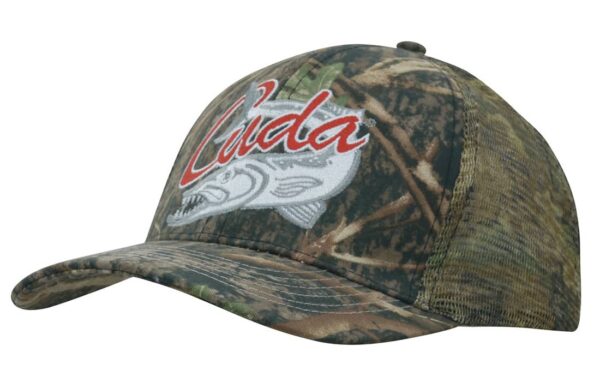 A cap featuring a camouflage pattern in greens and browns, with a logo on the front. It has a mesh back.