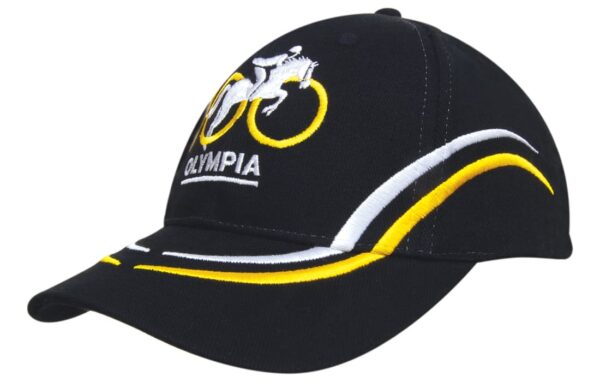 A black cap featuring curved yellow embroidery on the crown and peak, with a logo on the front.