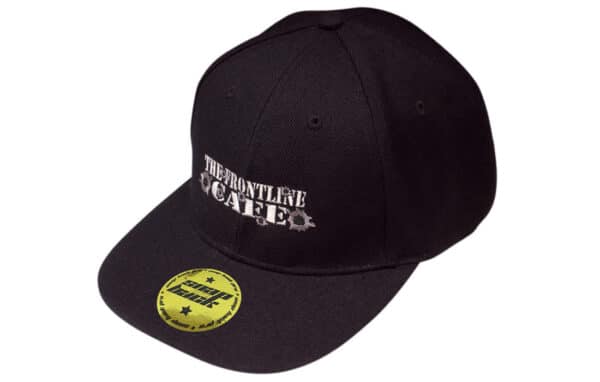 A black snapback cap featuring a logo on the front and a yellow sticker on the brim.