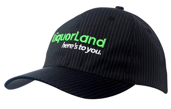 A black cap with a woven pinstripe design and a logo in green and white on the front.