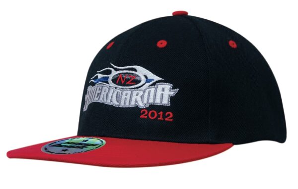 A cap featuring a black body and a red brim, with an embroidered design and logo on the front.
