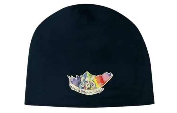 A navy cotton beanie with a logo featuring a colourful design.
