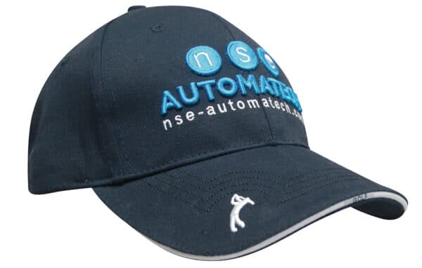 A navy blue cap featuring peak embroidery and a logo on the front.