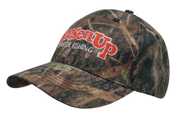 A camouflage 6 panel cap featuring shades of green and brown, with a logo on the front.