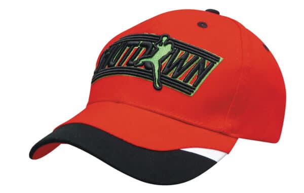 A bright red cap with black peak, featuring a logo and multi-coloured embroidered design on the front.