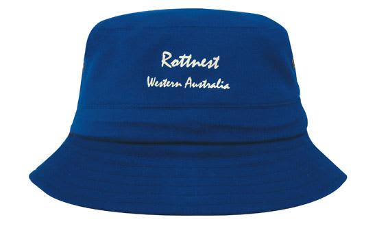 A blue child's bucket hat with a logo, featuring a wide brim and a soft twill fabric.