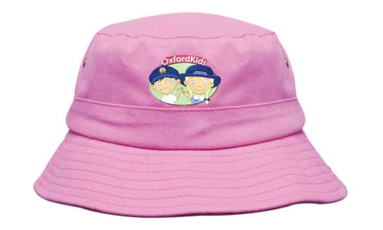 A pink infants bucket hat with a logo on the front and a wide brim. Suitable for sunny days.