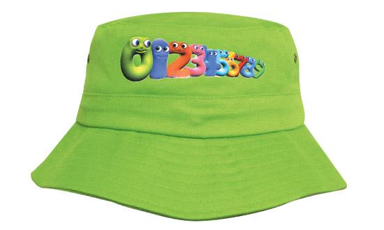 A bright green bucket hat featuring a playful logo design with colourful cartoon characters.