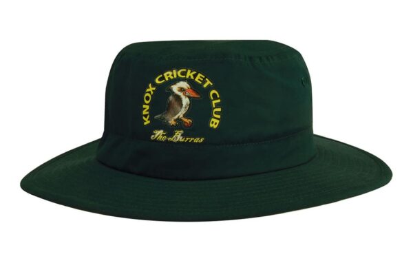 A dark green microfibre adjustable bucket hat featuring a logo on the front.