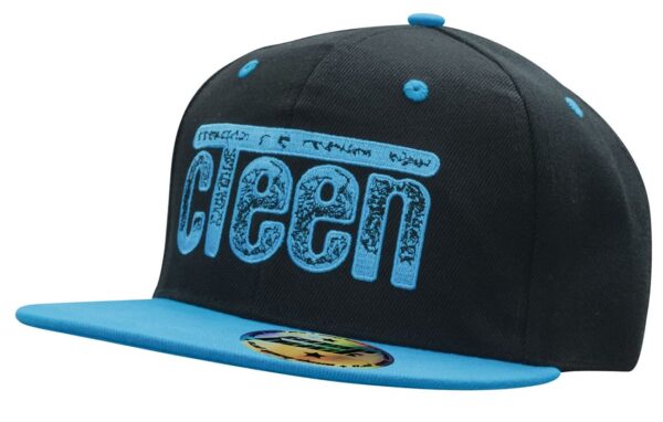 A black cap with a blue brim and logo, featuring a snapback design for adjustable fit.