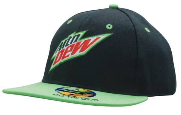A black and green snapback cap with a logo and a flat brim. It features a logo on the front and has a branding sticker.