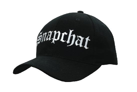A black snapback cap with embroidered text and a logo on the front.