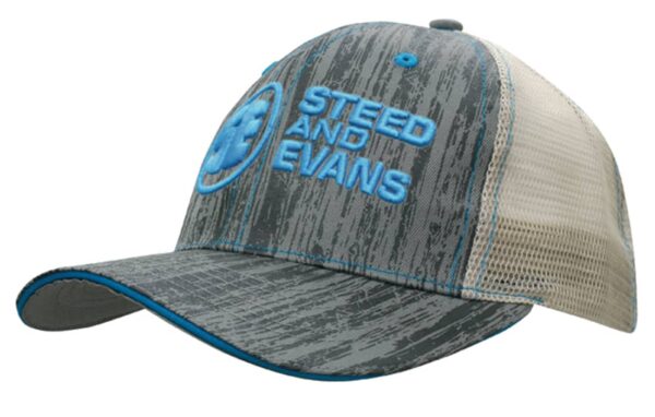 A cap featuring a grey and blue design with a mesh back and branding on the front.