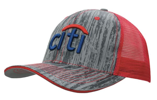A cap featuring a grey and red colour scheme with a mesh back and a logo on the front.
