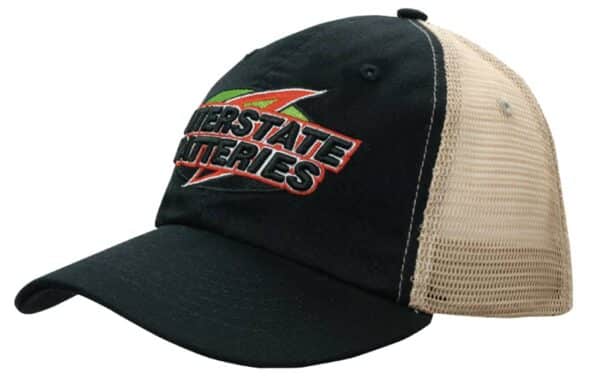 A black and beige cap featuring a mesh back and a logo on the front.