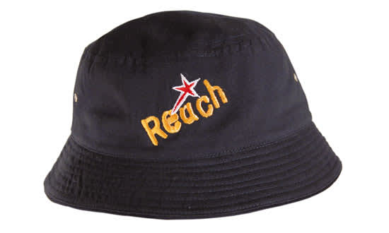 A black bucket hat featuring yellow embroidery and a logo. Designed for children with a brushed sports twill fabric.
