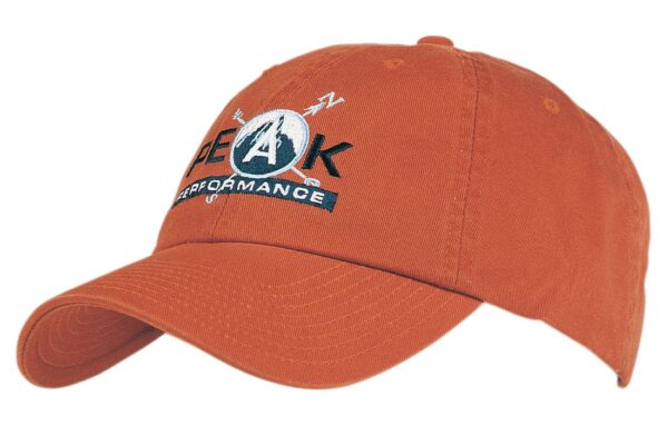 An orange cap featuring an embroidered logo on the front. It has a curved brim and adjustable strap.