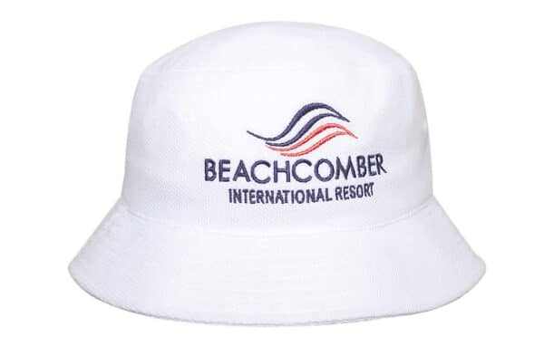 A white bucket hat featuring a logo and a stitched design with multiple colours.
