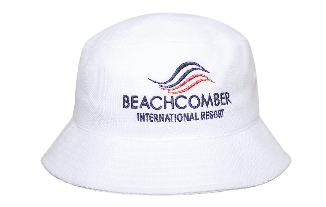 A white bucket hat featuring a logo and a stitched design with multiple colours.