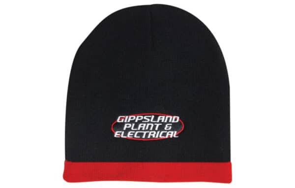 A roll down beanie in black with a red trim, featuring a logo on the front.