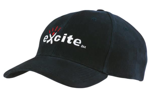 A black cap featuring a logo on the front, with a curved brim and stitched details.