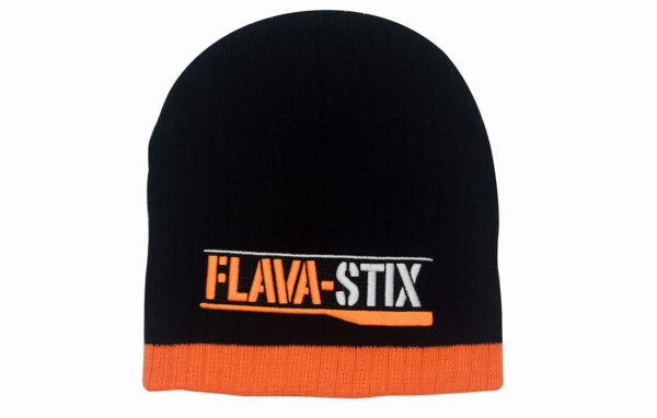 A black and orange two-tone cable knit beanie with a logo on the front.