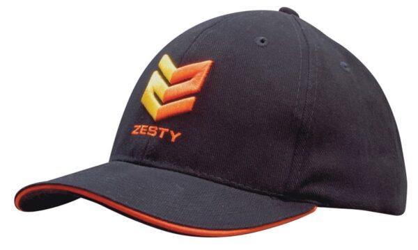 A navy blue cap with an orange sandwich trim and an embroidered logo.