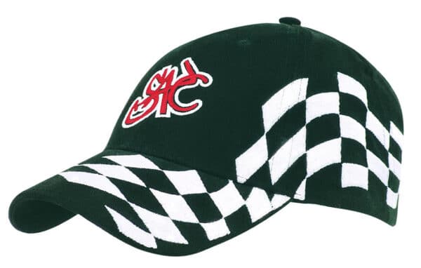 A black cap with a checkered pattern in white and a logo on the front.