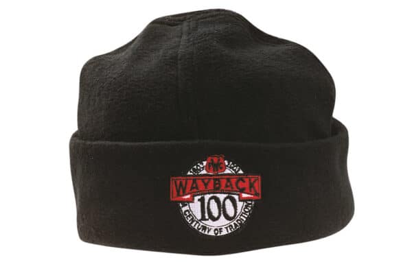 A black micro fleece beanie with a folded cuff and a logo on the front.