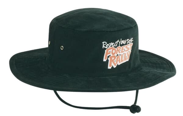 A black brushed heavy cotton hat with a wide brim and a logo on the front.