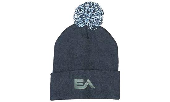 Acrylic beanie in navy blue featuring a white pom pom and a logo on the front.