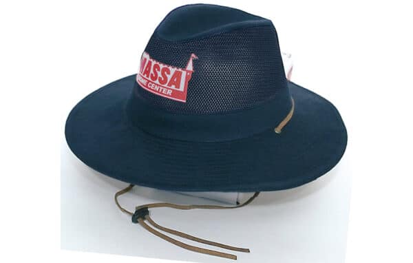 A navy collapsible cotton twill and soft mesh hat with a brown adjustable strap and a logo.