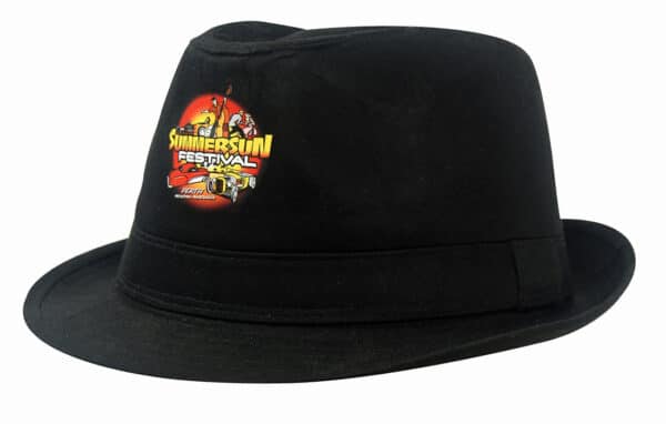 A black fedora cotton twill hat featuring a logo on the front.