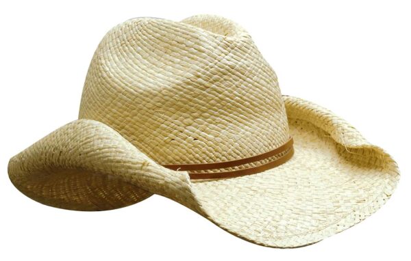 A ladies cowboy straw hat in a light beige hue, featuring a brown band around the base. It has a wide brim.
