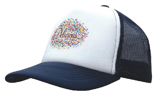 A white and navy Trucker Mesh Cap with a colourful logo on the front and a mesh back.