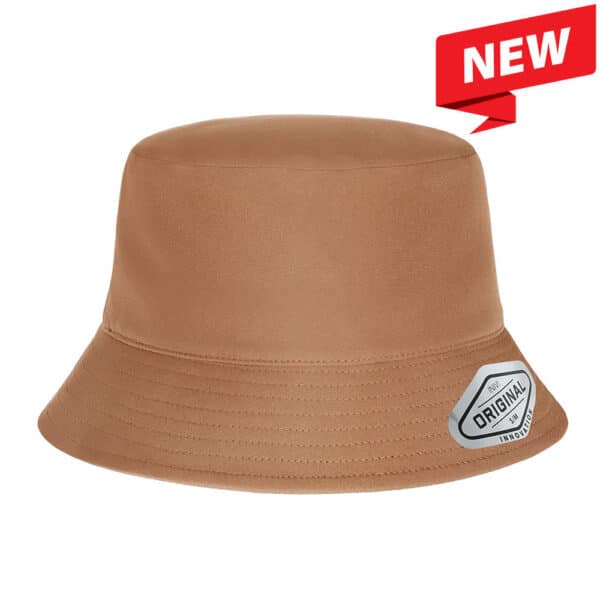 A brown bucket hat with a branded logo label on the side and a rounded crown.