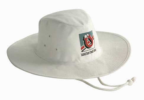 A white poly cotton slouch hat with a logo, featuring a wide brim and adjustable chin strap.