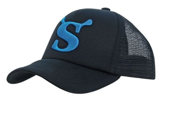 A black kids' trucker cap with a blue embroidered logo and mesh side panels.