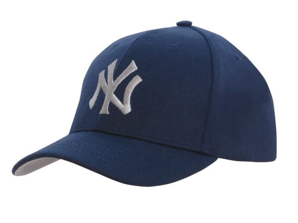 A navy blue cap with a contrasting peak and a logo on the front.