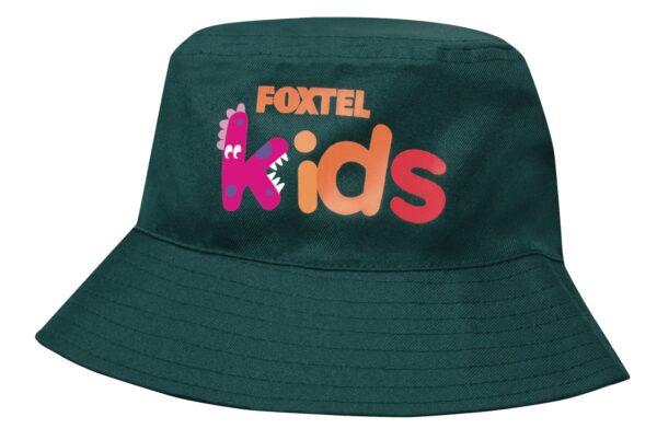 A dark green infants bucket hat with a logo featuring colourful text. The hat has a wide brim.