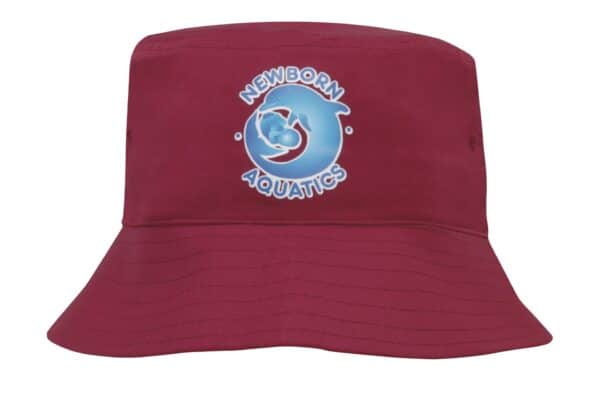 A maroon breathable poly twill child's bucket hat featuring a logo on the front.