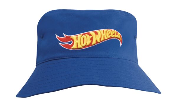 A blue youth bucket hat featuring a large logo and a wide brim for sun protection.