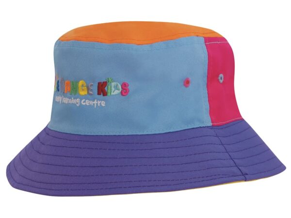 A multi-coloured breathable poly twill child's bucket hat featuring purple, blue, orange, and pink panels with a logo.