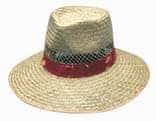 A straw hat with a wide brim, featuring a green and red band around the crown. It has a textured design.