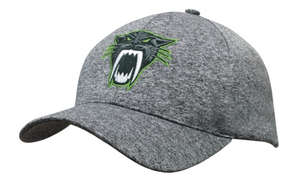 A grey sports cap featuring an embroidered panther design in green and black. The cap has a curved brim.