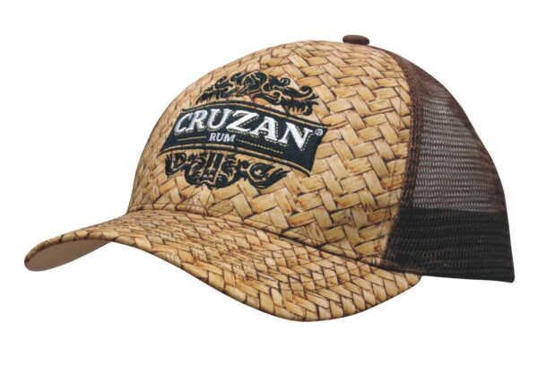 A brown and woven straw patterned cap with a mesh back and a logo on the front.