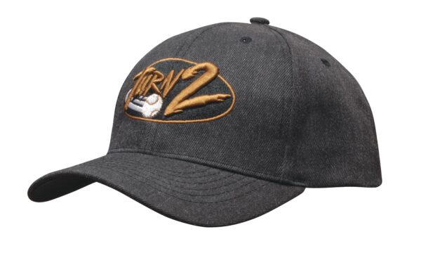 A premium American twill cap in dark grey with an embroidered logo in gold and white.