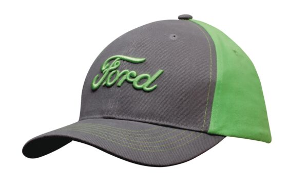 A grey and green cap featuring a logo, with a brushed heavy cotton finish and contrast stitching.