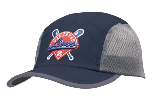 A navy cap featuring a mesh panel and embroidered logo with crossed bats and a diamond design.